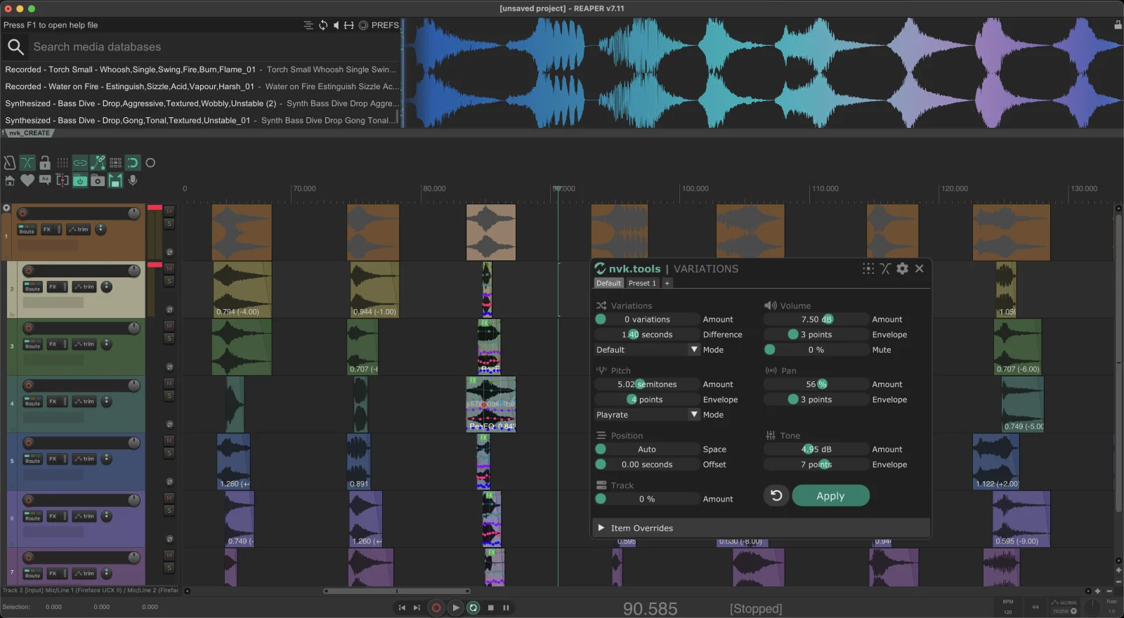 A Reaper session using nvk_CREATE and nvk_VARIATIONS to build layered game audio assets