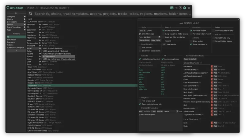 The nvk_SEARCH window with its FX folders menu open over a list of plug-in results, next to its preferences window