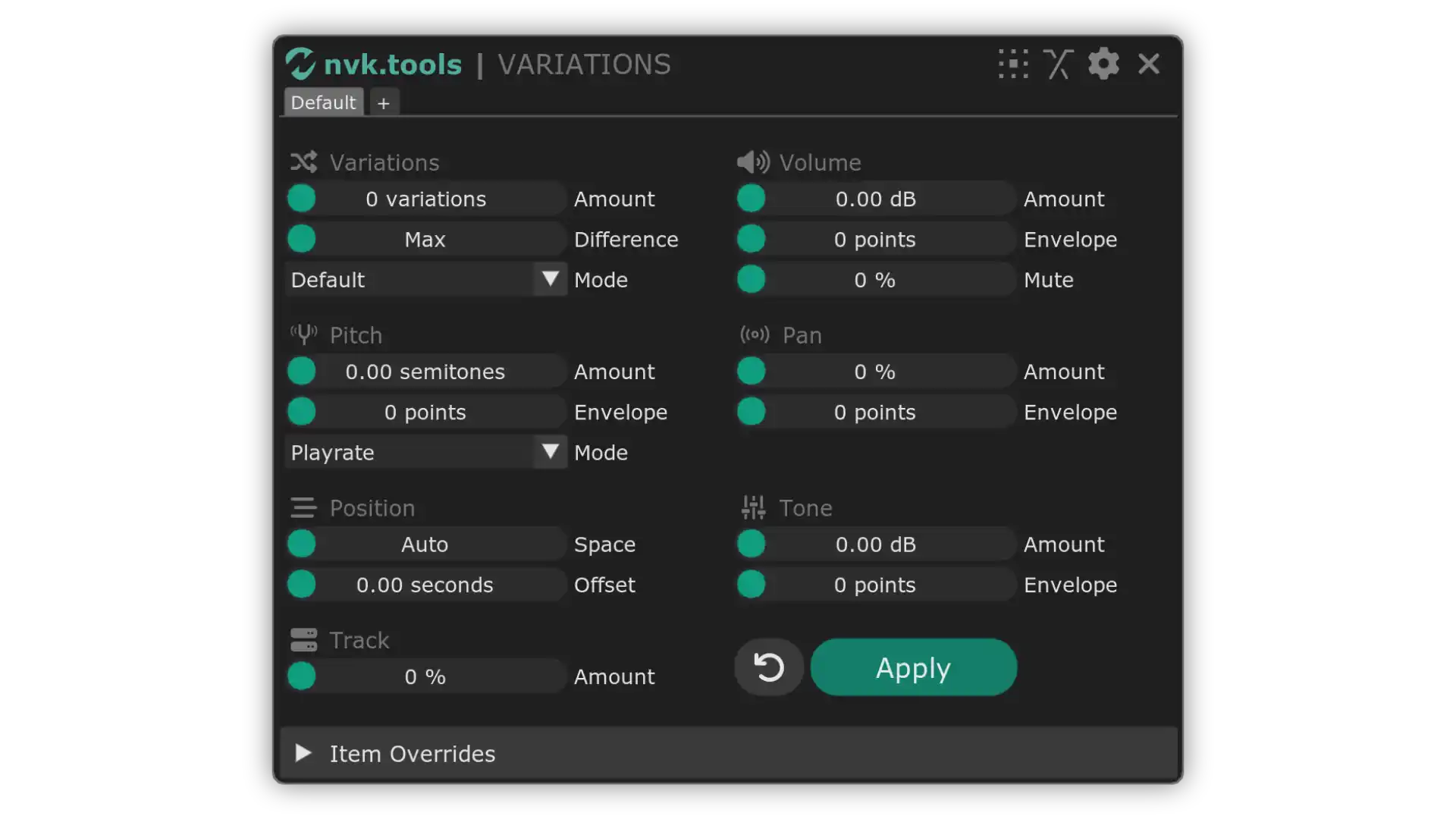 nvk_VARIATIONS controls for creating and adjusting sound variations in Reaper