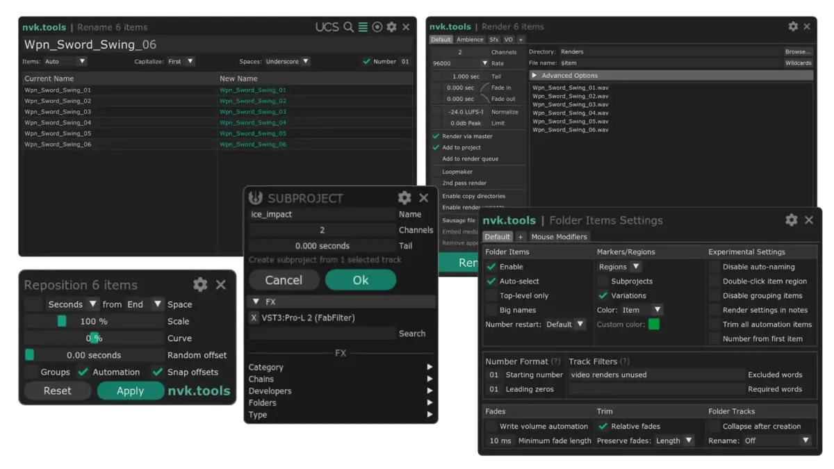 The nvk_WORKFLOW 2 Rename, Render, Reposition, Subproject, and Folder Items Settings windows
